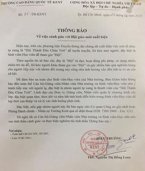 Nhiều trường tại TP Hồ Chí Minh cảnh báo sinh viên về 'Hội thánh đức Chúa trời' ảnh 1