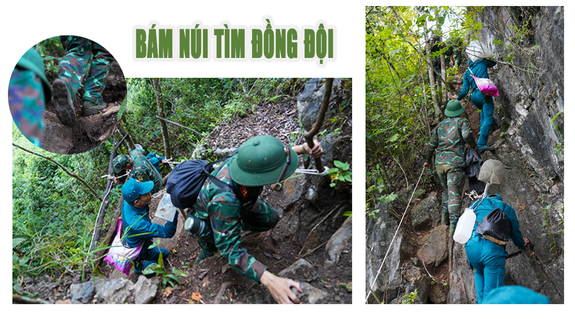 Cán bộ, chiến sĩ Đội tìm kiếm, quy tập hài cốt liệt sĩ bám dây, vượt qua những vách đá dựng đứng để tiếp cận khu vực tìm kiếm.