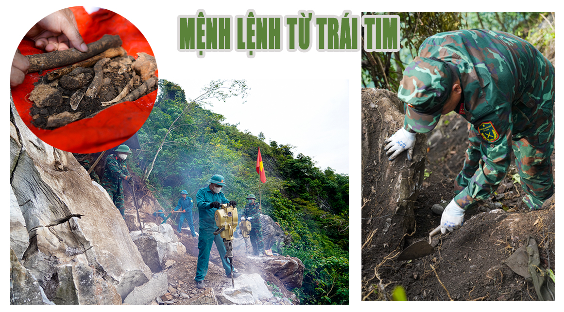 Giữa địa hình núi đá hiểm trở, cán bộ, chiến sĩ kiên trì khoan đá, đào đất, tìm kiếm từng phần hài cốt để đưa đồng đội trở về.