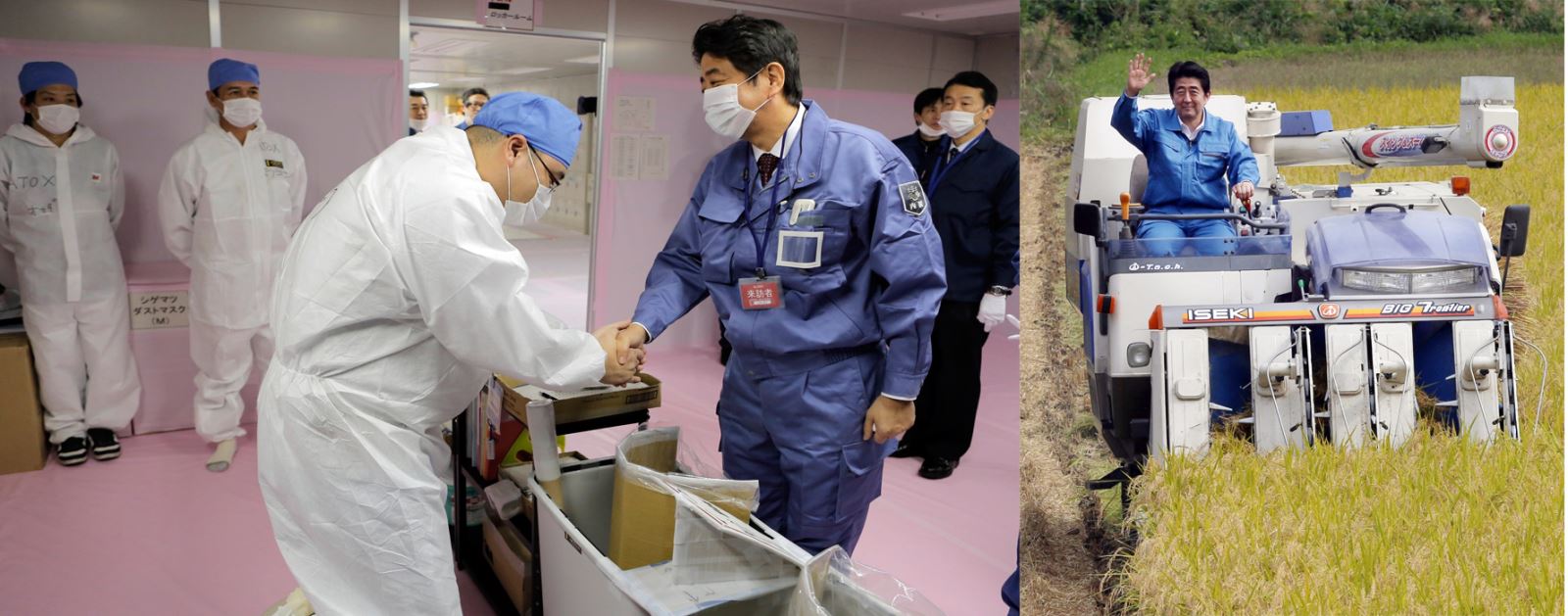 Thủ tướng Nhật Bản Shinzo Abe thăm các công nhân tại nhà máy điện hạt nhân Fukushima Daiichi thuộc Công ty điện lực Tokyo (TEPCO), tại Ota và lái máy gặt lúa tại thị trấn Hirono, tỉnh Fukushima, Nhật Bản, ngày 17/9/2014. Ảnh: AFP/ TTXVN