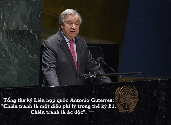 Tổng thư ký LHQ Antonio Guterres phát biểu tại phiên họp Đại hội đồng LHQ ở New York, Mỹ ngày 23/2/2022. Ảnh: AFP/TTXVN
