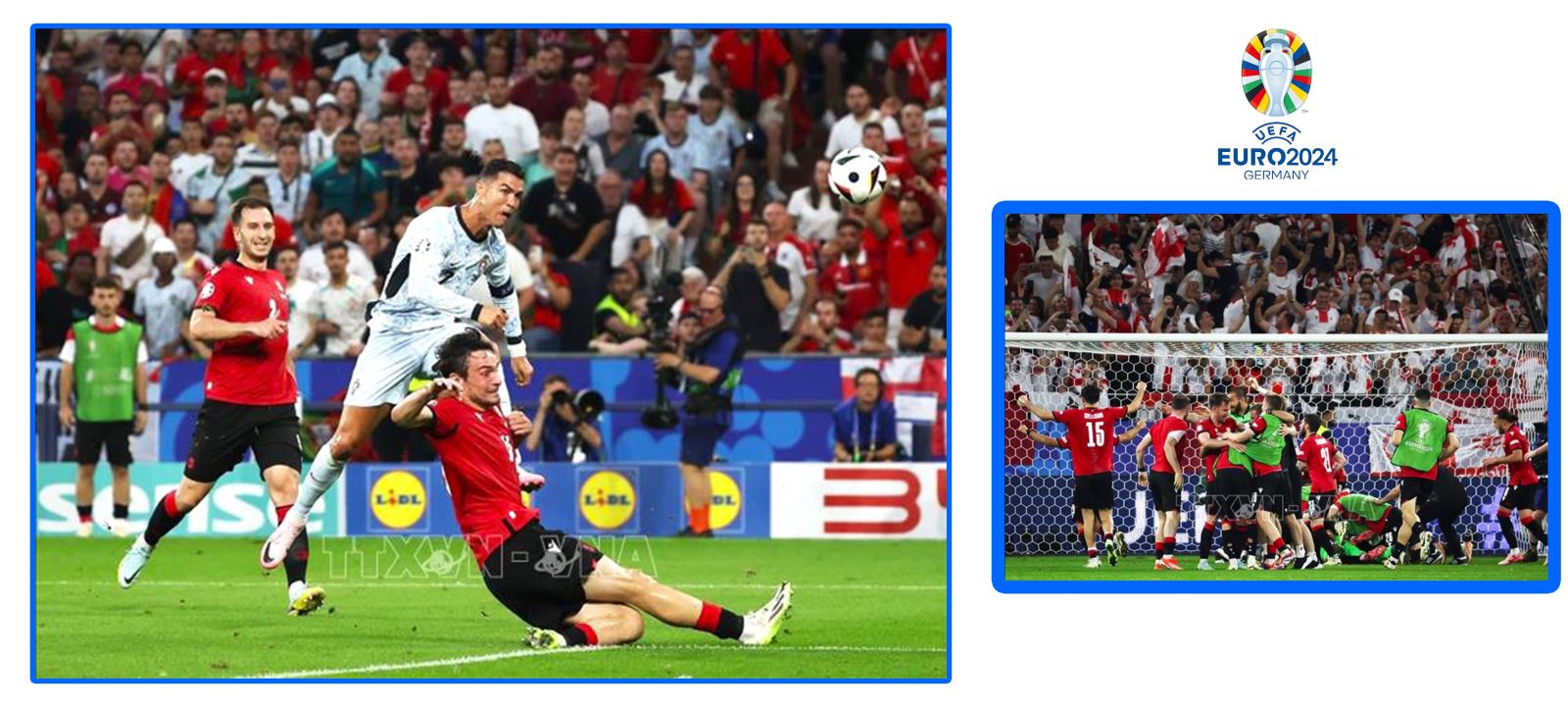 Georgia (áo đỏ) trở thành hiện tượng của giải khi bất ngờ giành chiến thắng 2 - 0 trước đội tuyển Bồ Đào Nha tại lượt trận cuối bảng F Vòng chung kết EURO 2024, qua đó lần đầu tiên giành vé đi tiếp vào vòng 1/8.