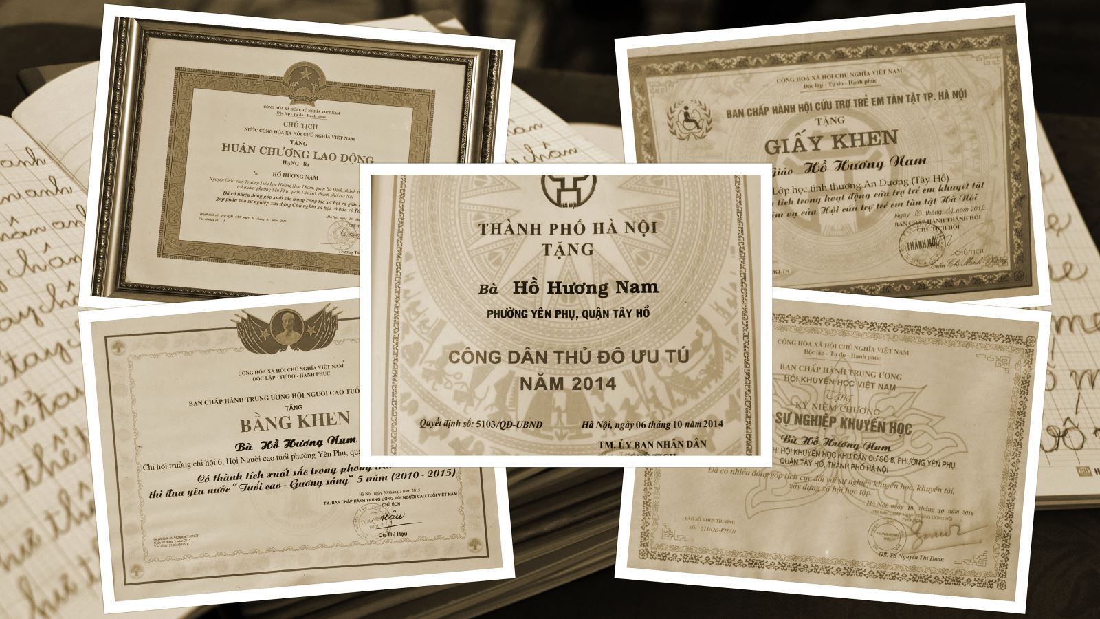 Số bằng khen, giấy khen bà Nam nhận được nay treo chật bức tường trong gian phòng nhỏ của bà.