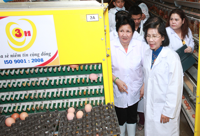 Bà Ba Huân cùng lãnh đạo đi kiểm tra các trang trại nuôi gà, vịt và nhà máy xử lý trứng.