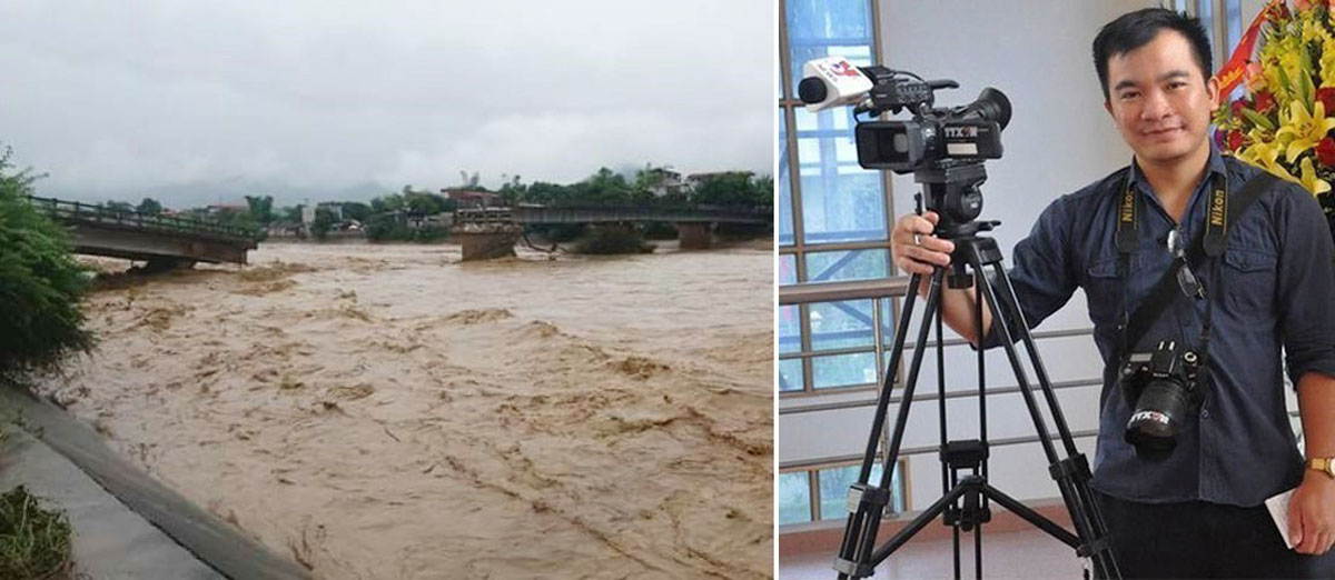 Nhiều tấm gương nhà báo đã hy sinh khi làm nhiệm vụ ngay trong thời bình, trong đó có nhà báo Đinh Hữu Dư của Thông tấn xã Việt Nam, hy sinh khi tác nghiệp đưa tin về tình hình bão lũ tại Yên Bái. Trong ảnh: Nhà báo Đinh Hữu Dư của TTXVN (phải) và hiện trường nơi anh bị rơi xuống dòng nước lũ do cầu gãy trong khi tác nghiệp.