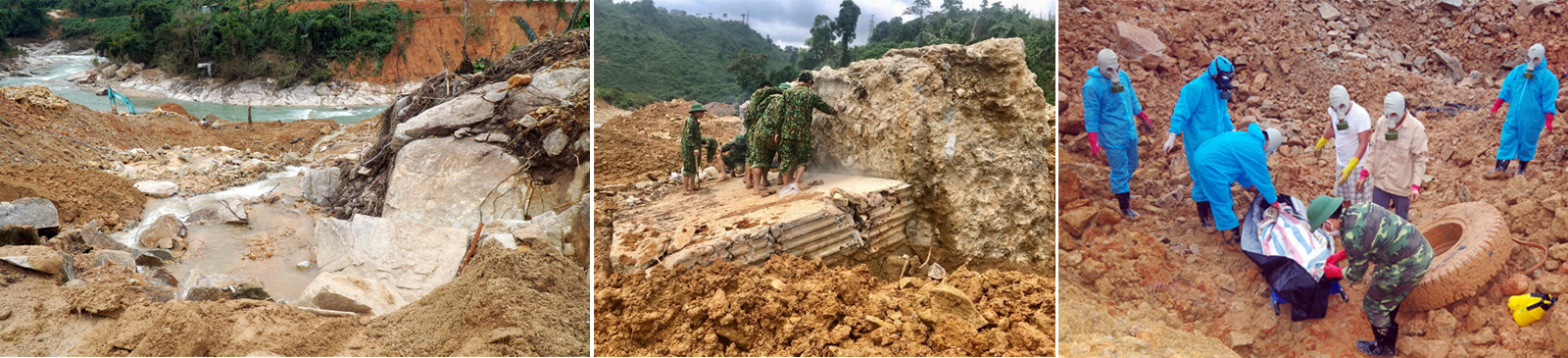 Lực lượng cứu hộ tìm kiếm nạn nhân mất tích do sạt lở tại Thủy điện Rào Trăng 3.