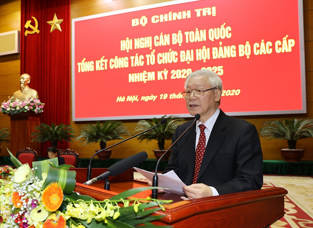 Tổng Bí thư, Chủ tịch nước Nguyễn Phú Trọng phát biểu tại Hội nghị cán bộ toàn quốc Tổng kết công tác tổ chức đại hội đảng bộ các cấp nhiệm kỳ 2020-2025.