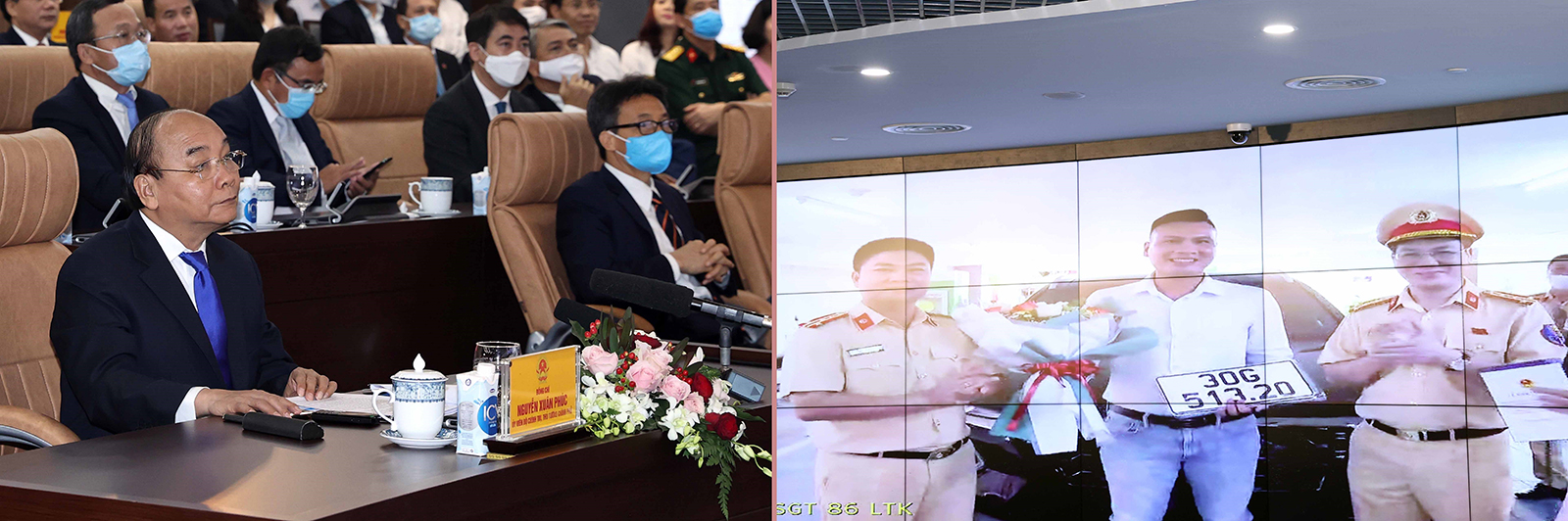 Thủ tướng Nguyễn Xuân Phúc, Chủ tịch Ủy ban Chính phủ điện tử quốc gia và các đại biểu trải nghiệm dịch vụ công quốc gia qua việc bấm biển số tại Phòng Cảnh sát giao thông Hà Nội.