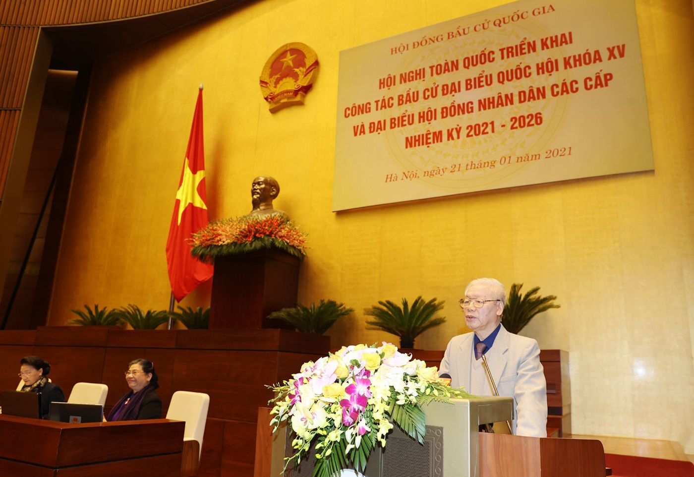Tổng Bí thư, Chủ tịch nước Nguyễn Phú Trọng phát biểu chỉ đạo Hội nghị trực tuyến toàn quốc triển khai công tác bầu cử đại biểu Quốc hội khóa XV và đại biểu Hội đồng nhân dân các cấp nhiệm kỳ 2021-2026, sáng 21/1/2021.