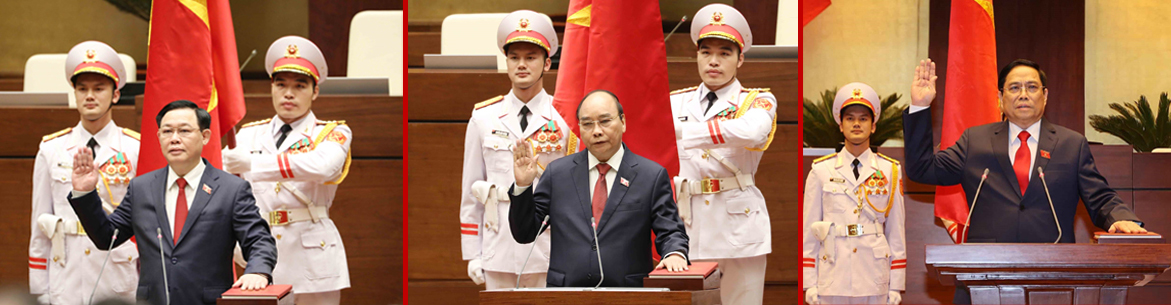 Chủ tịch Quốc hội Vương Đình Huệ, Chủ tịch nước Nguyễn Xuân Phúc, Thủ tướng Chính phủ Phạm Minh Chính tuyên thệ nhậm chức tại Kỳ họp thứ 11, Quốc hội khóa XIV.