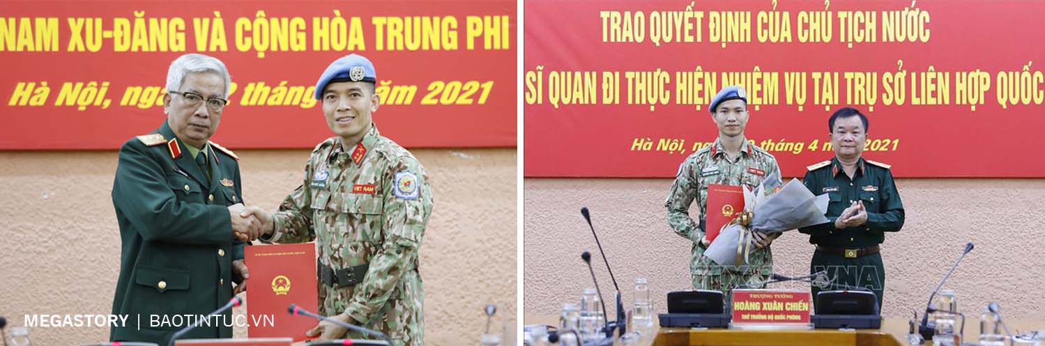 Lãnh đạo Bộ Quốc phòng trao Quyết định của Chủ tịch nước cho Trung tá Trần Đức Hưởng và Thiếu tá Nguyễn Phúc Đông đi thực hiện nhiệm vụ tại Trụ sở Liên hợp quốc.