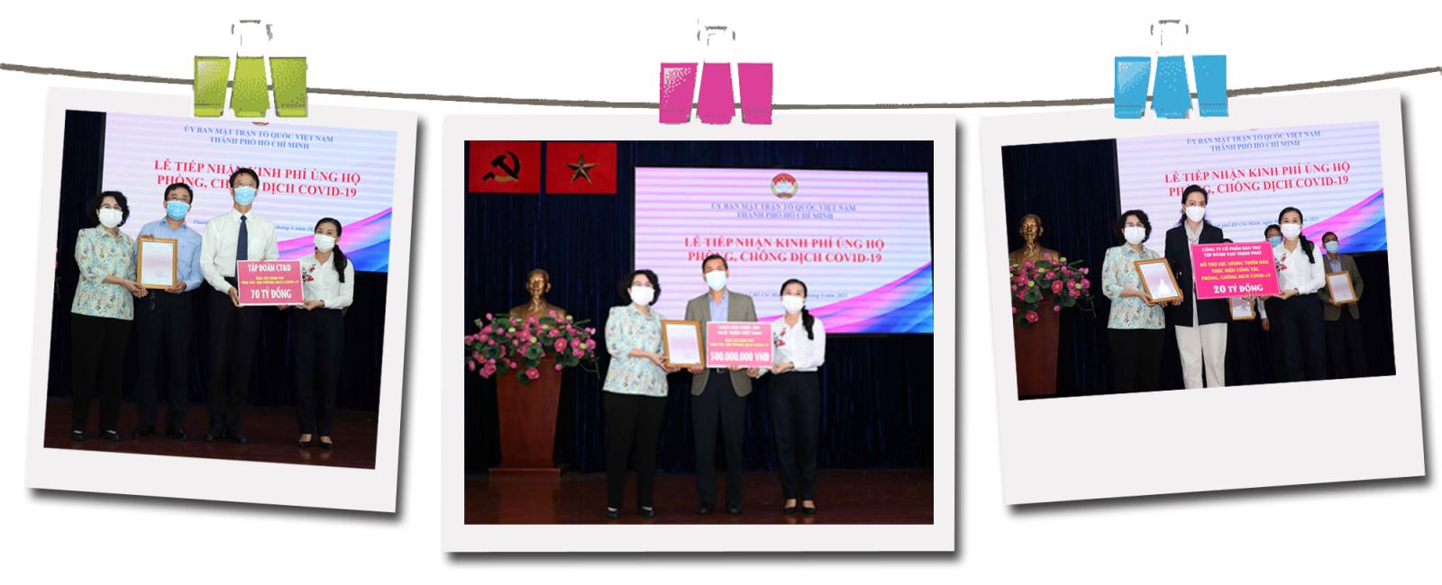 Lãnh đạo Ủy ban MTTQ Việt Nam Thành phố tiếp nhận bảng tượng trưng ủng hộ kinh phí phòng, chống COVID-19 và trao thư cảm ơn đến các doanh nghiệp, nhà tài trợ.
