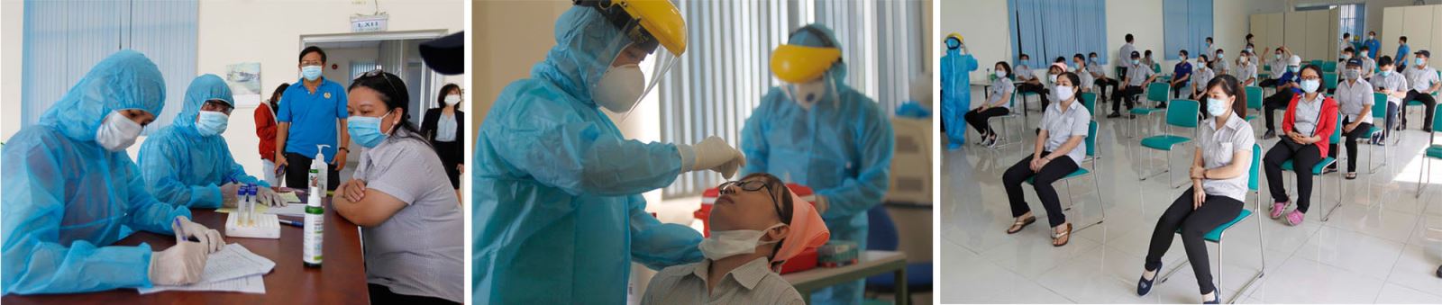Các y bác sỹ Trung tâm y tế Quận 7 thực hiện xét nghiệm sàng lọc COVID-19 ngẫu nhiên cho công nhân tại Công ty TNHH Kim may Organ Việt Nam