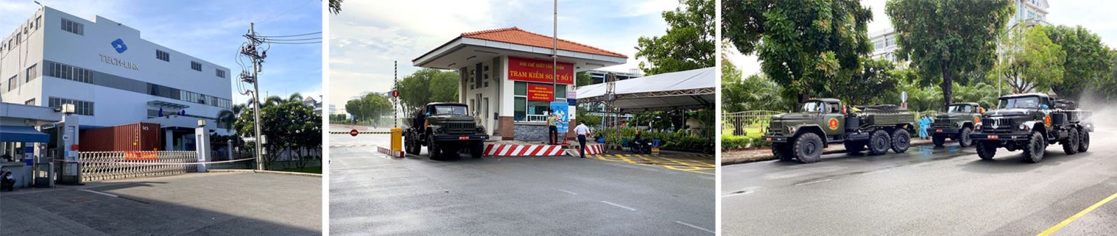 Lực lượng hóa học Quân khu 7 phun xịt thuốc khử trùng Khu chế xuất Tân Thuận, Quận 7, TP Hồ Chí Minh.