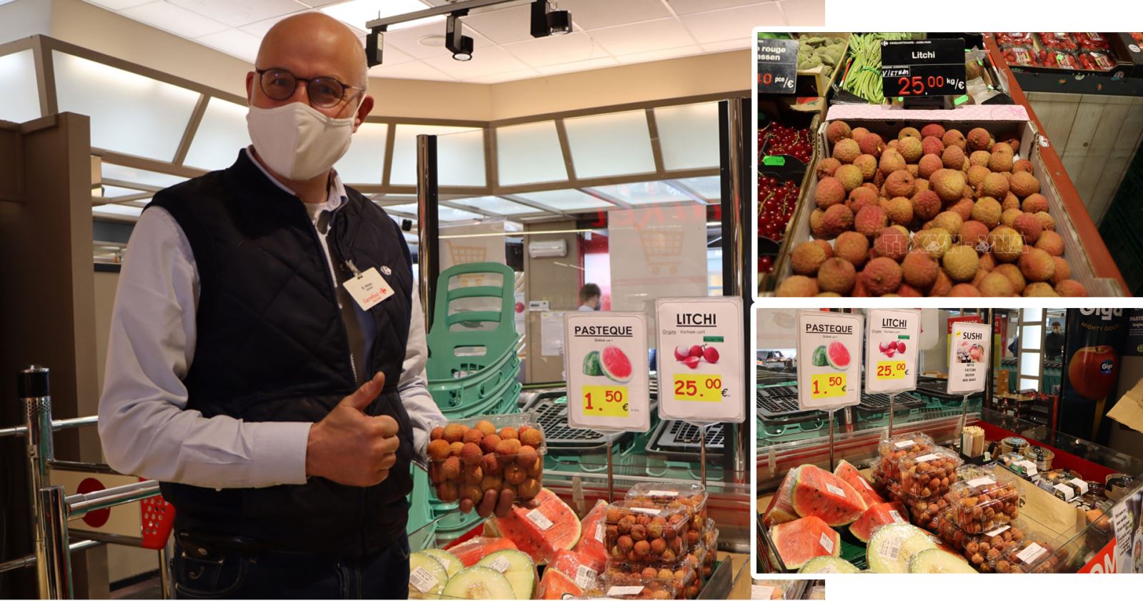 Ông Bernhard Weiss, quản lý siêu thị Carrefour Tongres, Brussels và lô vải thiều Việt Nam.