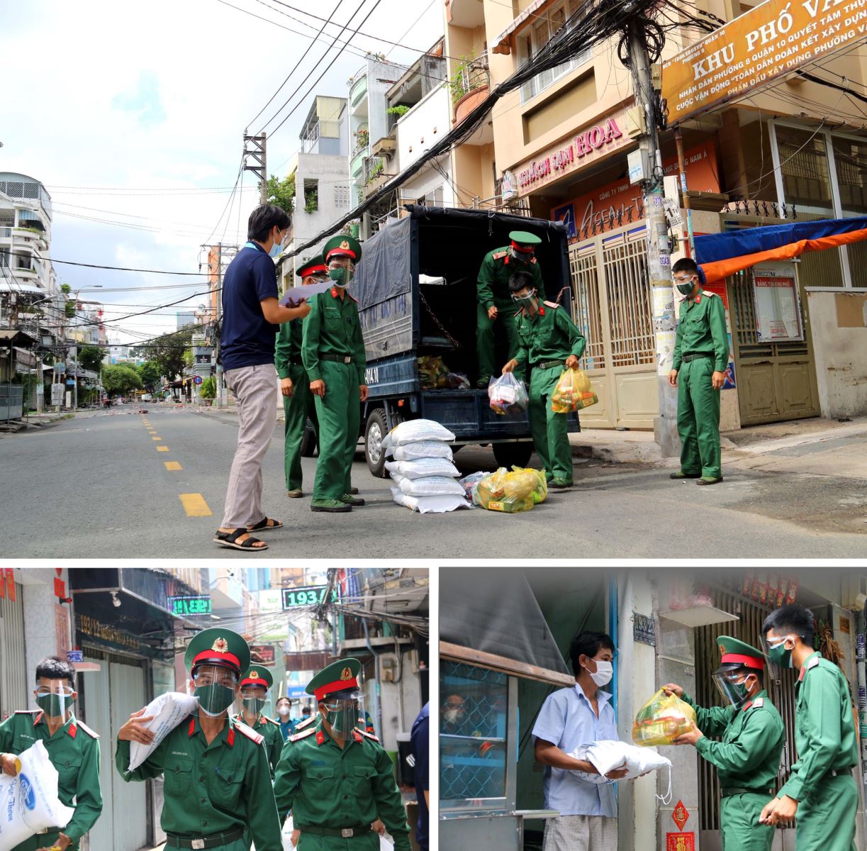 Các chiến sỹ Trung đoàn 88, Sư đoàn 302 (Quân Khu 7) cùng với Ban Chỉ huy quân sự phường 8 (Quận 10) vận chuyển lượng thực, thực phẩm đến người lao động nghèo.