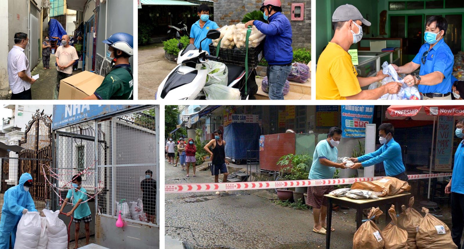 Đại diện Liên đoàn Lao động các quận trao quà cho công nhân ở trọ, người nghèo trong khu phong tỏa.