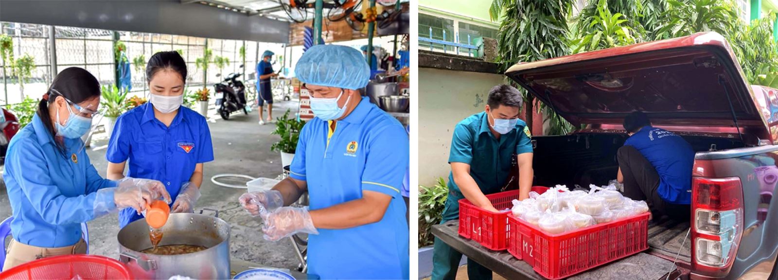 Liên đoàn Lao động quận Gò Vấp chuẩn bị và vận chuyển “Suất ăn nghĩa tình Công đoàn Gò Vấp” gửi đến công nhân, người nghèo trong khu phong tỏa và lực lượng trực chốt.