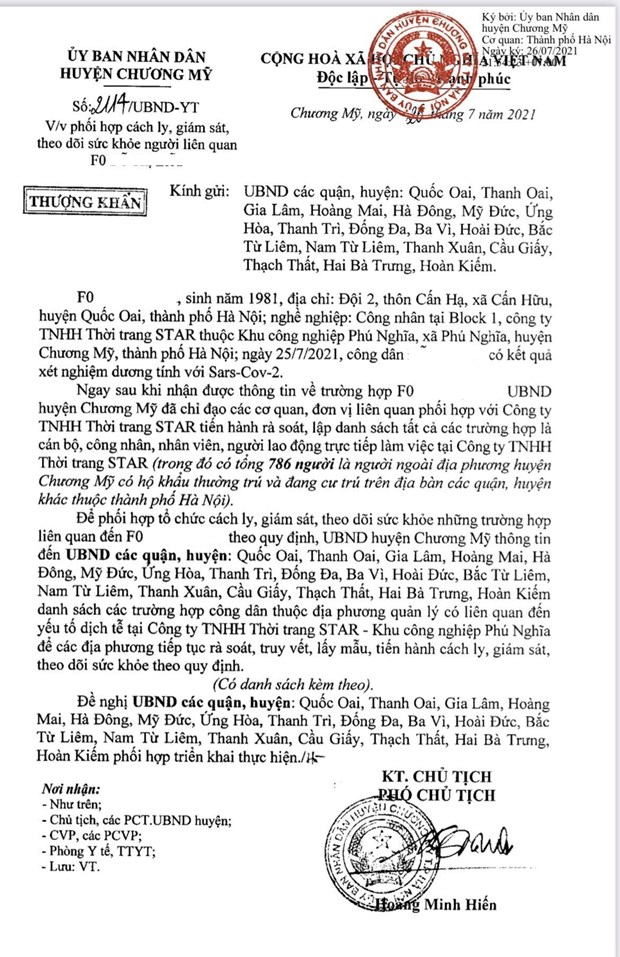 UBND huyện Chương Mỹ bác bỏ thông tin 786 người là F1 của F0 ở Công ty Star.