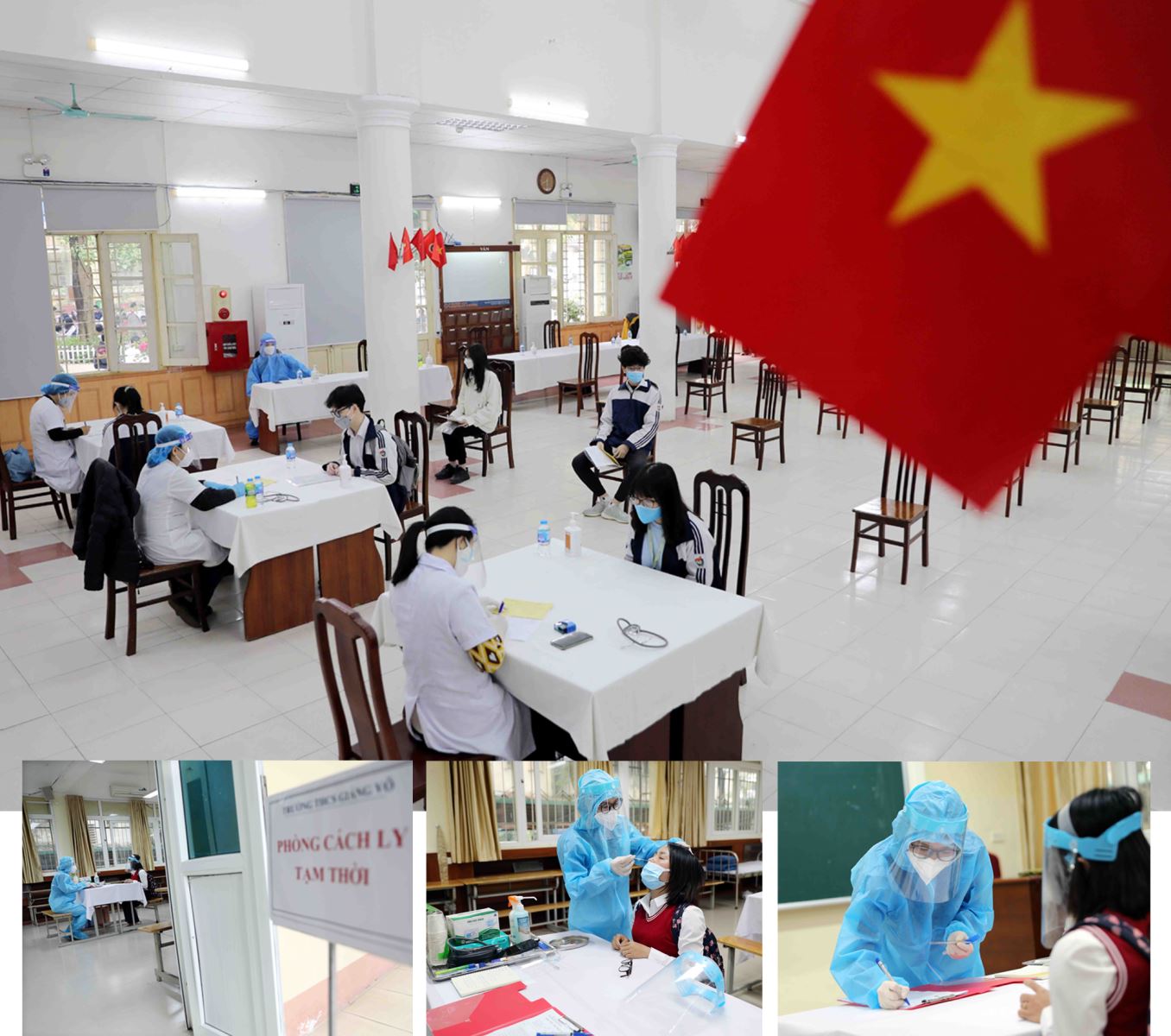 Nhân viên y tế kiểm tra sức khỏe, tuyên truyền, hướng dẫn học sinh thực hiện tốt 5K và cập nhật thông tin tình hình sức khỏe khi học sinh trở lại trường học.