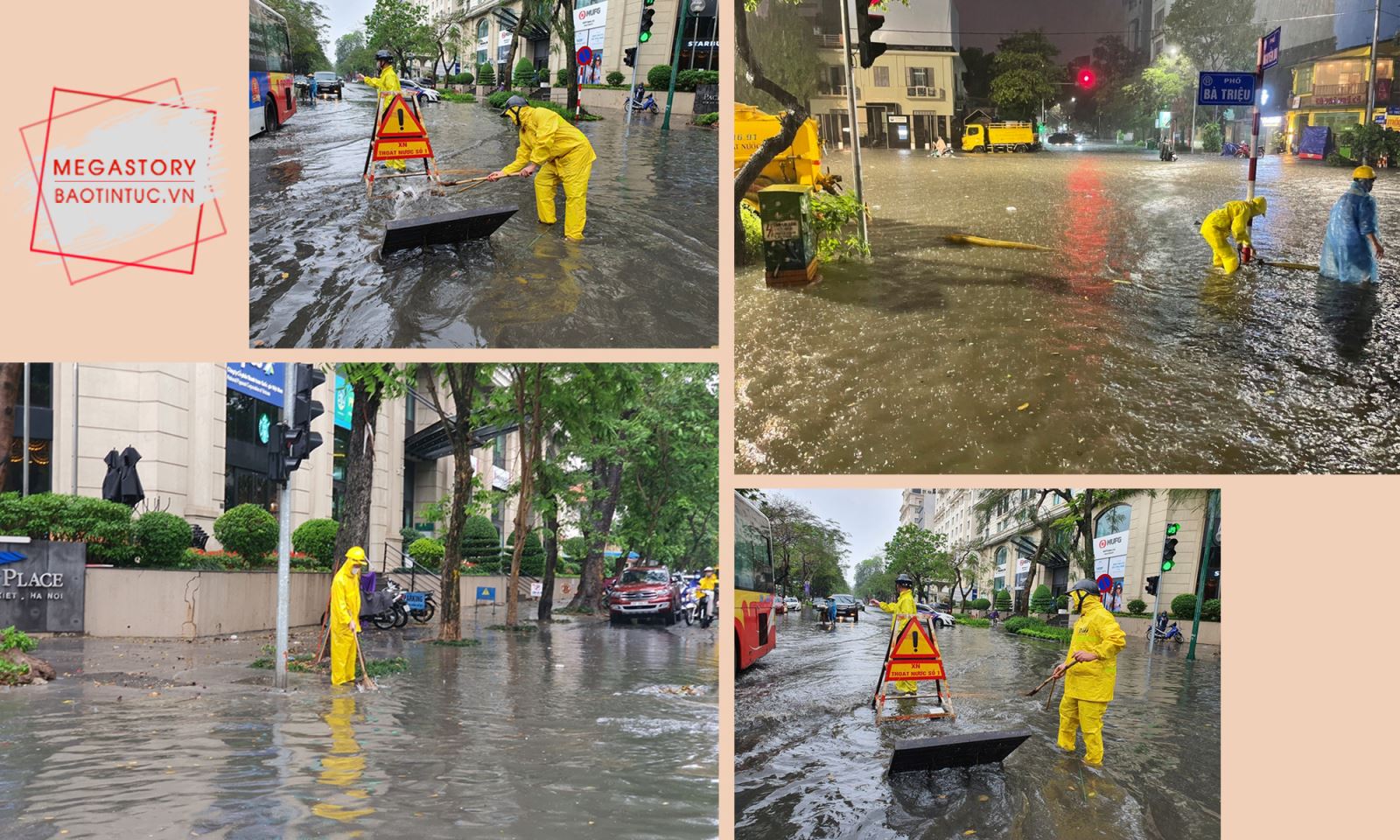 Công nhân Công ty TNHH Một thành viên Thoát nước Hà Nội có mặt tại các điểm ngập để triển khai các biện pháp tiêu thoát nước, cảnh báo nguy hiểm.