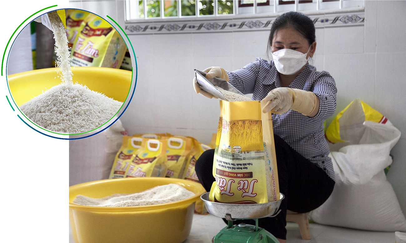 Sản phẩm gạo sạch Từ Tâm của Hợp tác xã Đoàn Phát, ấp 8, xã Trí Lực, huyện Thới Bình (Cà Mau), từ mô hình tôm - lúa hữu cơ.