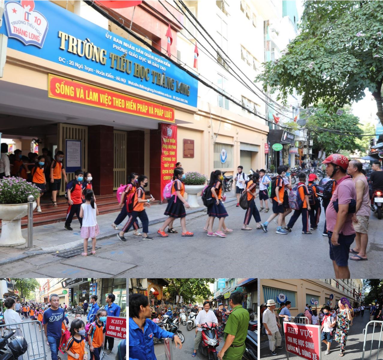 Nỗ lực đảm bảo trật tự giao thông trước cổng trường Tiểu học Thăng Long.