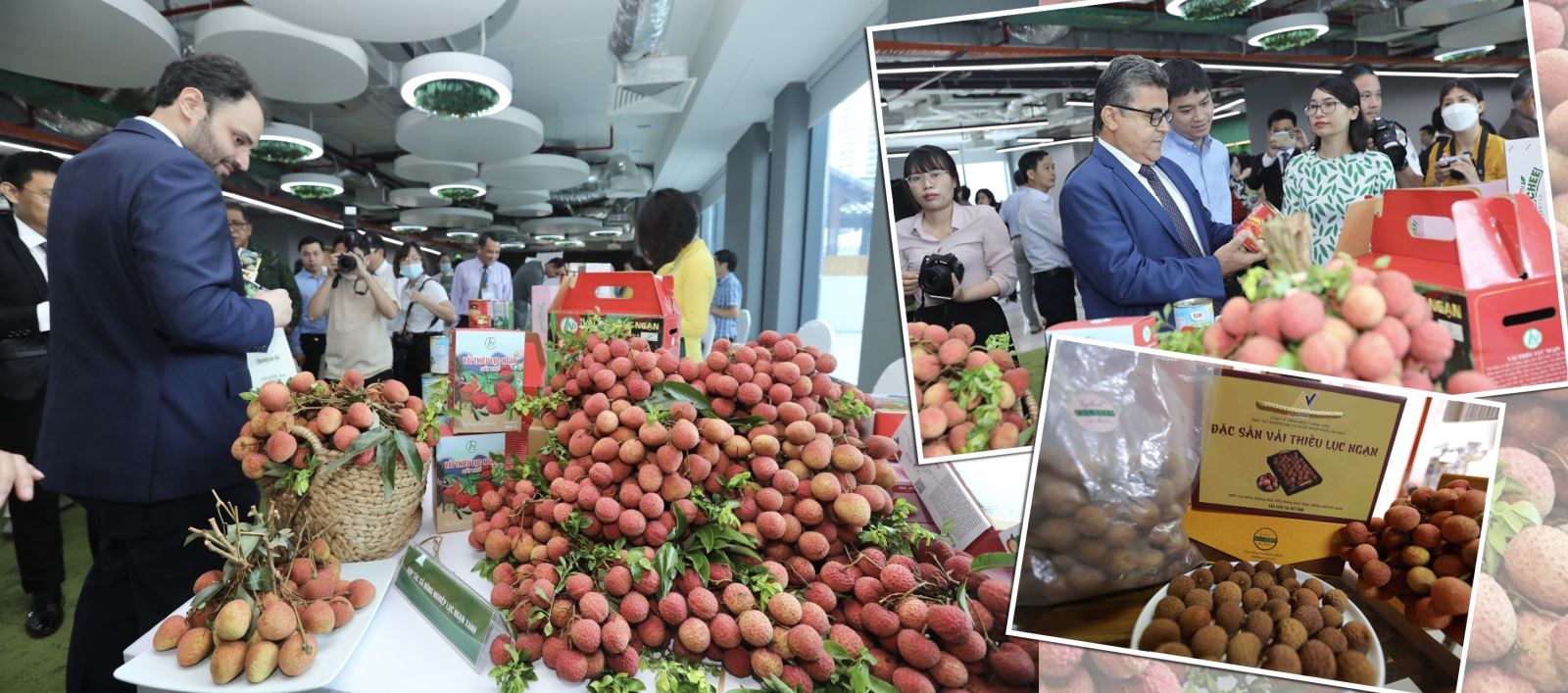Đại biểu tham quan các gian hàng trưng bày sản phẩm vải thiều tại Diễn đàn "Vải thiều Việt Nam vươn ra thế giới".