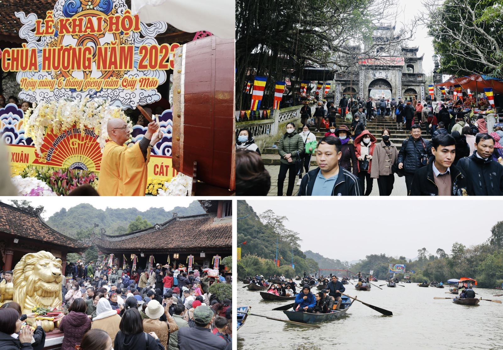 Sáng 27/1/2023 (mùng 6 tháng Giêng), tại Khu di tích chùa Hương, huyện Mỹ Đức, Hà Nội diễn ra lễ khai hội chùa Hương Xuân Quý Mão 2023.