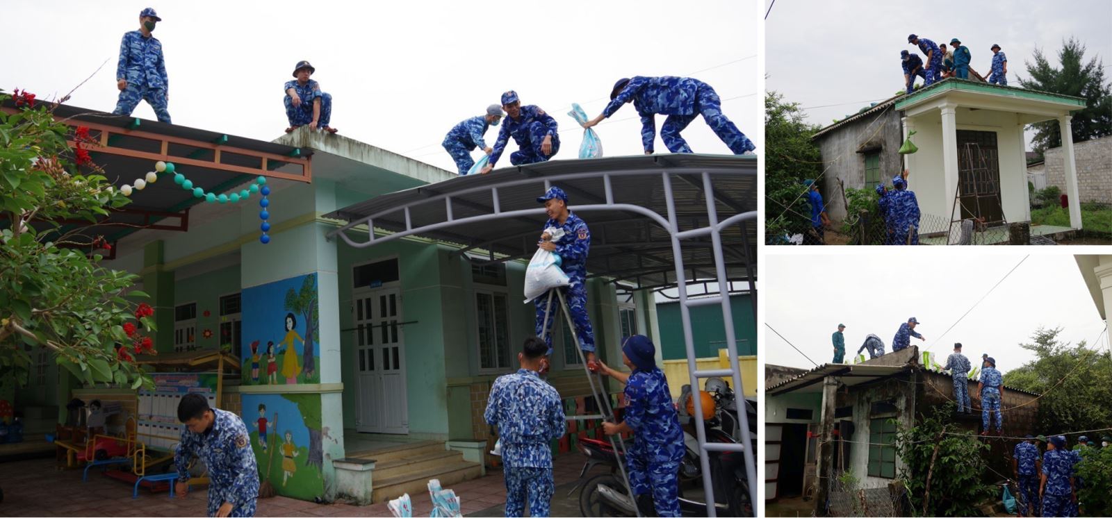 Hải đội 202 - Bộ Tư lệnh Vùng Cảnh sát biển 2 phối hợp với chính quyền địa phương và các lực lượng khác trên địa bàn khẩn trương hỗ trợ người dân xã Triệu An (Quảng Trị) chằng chống nhà cửa tránh bão.
