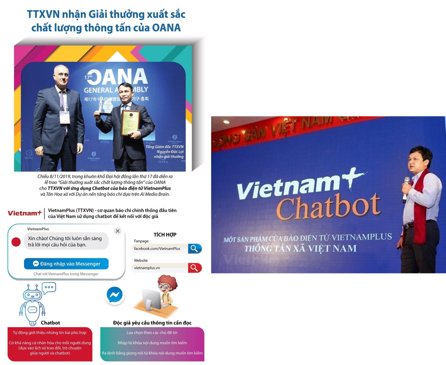 Sản phẩm Chatbot của TTXVN đoạt giải chất lượng thông tấn của OANA. Đây là giải thưởng được các hãng thông tấn thành viên Ban chấp hành OANA bình chọn tại Hội nghị Ban Chấp hành OANA lần thứ 44, diễn ra tại Hà Nội (Việt Nam) từ ngày 18 - 20/4/2019.