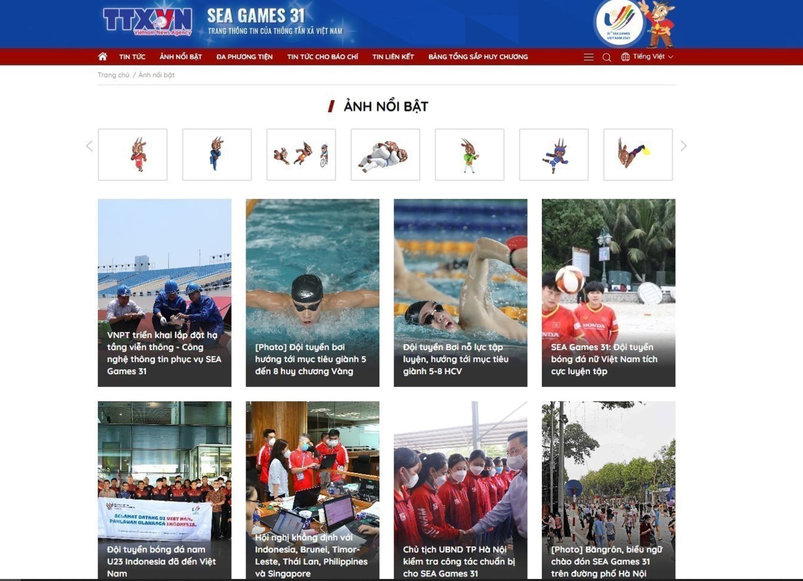 Giao diện Trang thông tin về SEA Games 31 của Thông tấn xã Việt Nam.