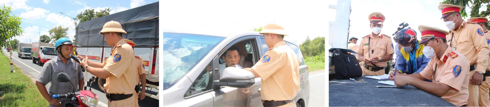 Lực lượng chức năng tăng cường kiểm tra nồng độ cồn đối với người điều khiển phương tiện giao thông trên các tuyến đường.