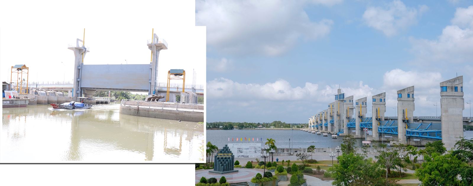 Cống Cái Lớn (Kiên Giang) và cống Tân Phú (Bến Tre) ngăn nước mặn xâm nhập và vận hành để điều tiết nước trong mùa khô năm 2024.