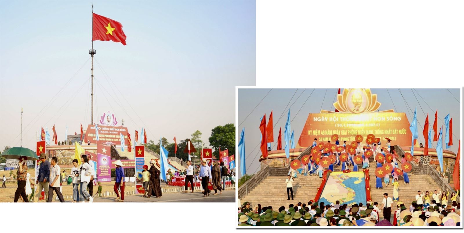 Lễ thượng cờ “Thống nhất non sông” tại Kỳ đài ở khu Di tích quốc gia đặc biệt Đôi bờ Hiền Lương - Bến Hải, sáng 30/4/2024.
