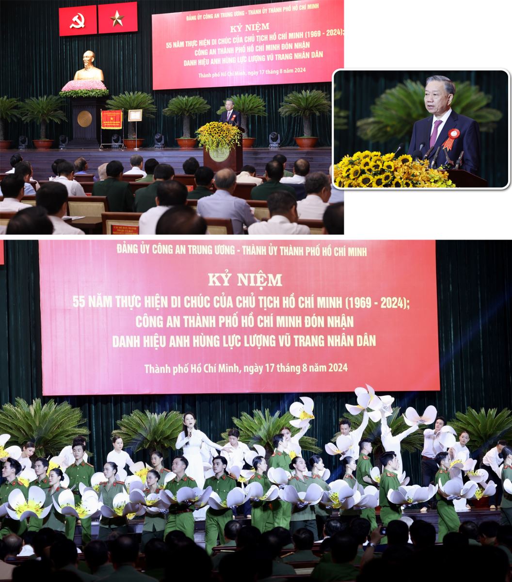 Tổng Bí thư, Chủ tịch nước Tô Lâm phát biểu tại Lễ kỷ niệm 55 năm thực hiện Di chúc của Chủ tịch Hồ Chí Minh (1969 - 2024) và Lễ đón nhận Danh hiệu Anh hùng lực lượng vũ trang nhân dân của Công an Thành phố Hồ Chí Minh.