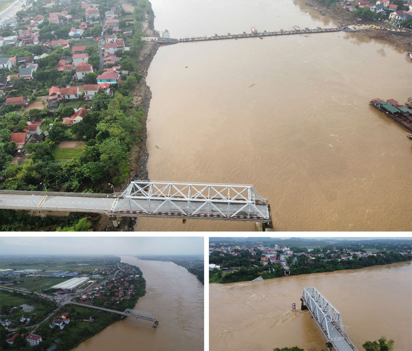 Cầu Phong Châu (Phú Thọ) bị sập trong bão số 3, sau đó cầu phao được lắp đặt để ô tô con và xe thô sơ có thể qua sông.