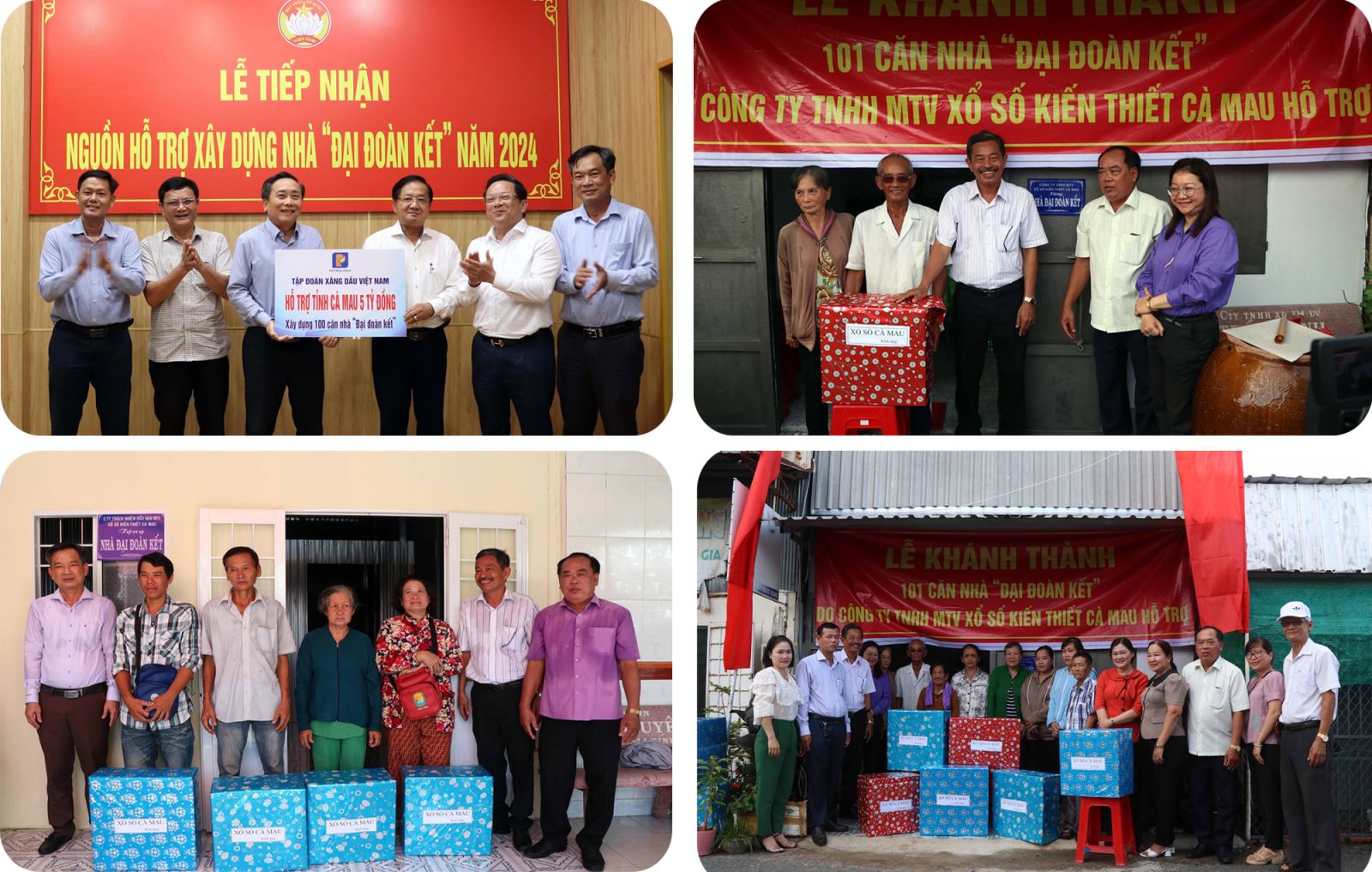Đại diện lãnh đạo Ủy ban MTTQ Việt Nam tỉnh Cà Mau cùng đại diện Công ty Xổ số kiến thiết Cà Mau trao quà tặng hộ nghèo ở Phường 4, thành phố Cà Mau tại buổi lễ bàn giao nhà ''Đại đoàn kết''.