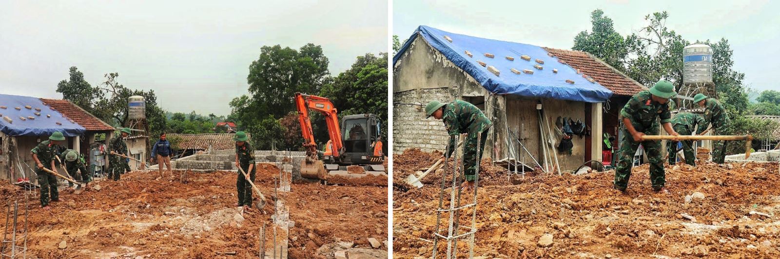 Cán bộ, chiến sỹ Bộ Chỉ huy quân sự tỉnh Bắc Giang hỗ trợ xây nhà cho bà Vũ Thị Quyến, hộ nghèo, thôn Ngọc Sơn, xã Quang Thịnh, huyện Lạng Giang.