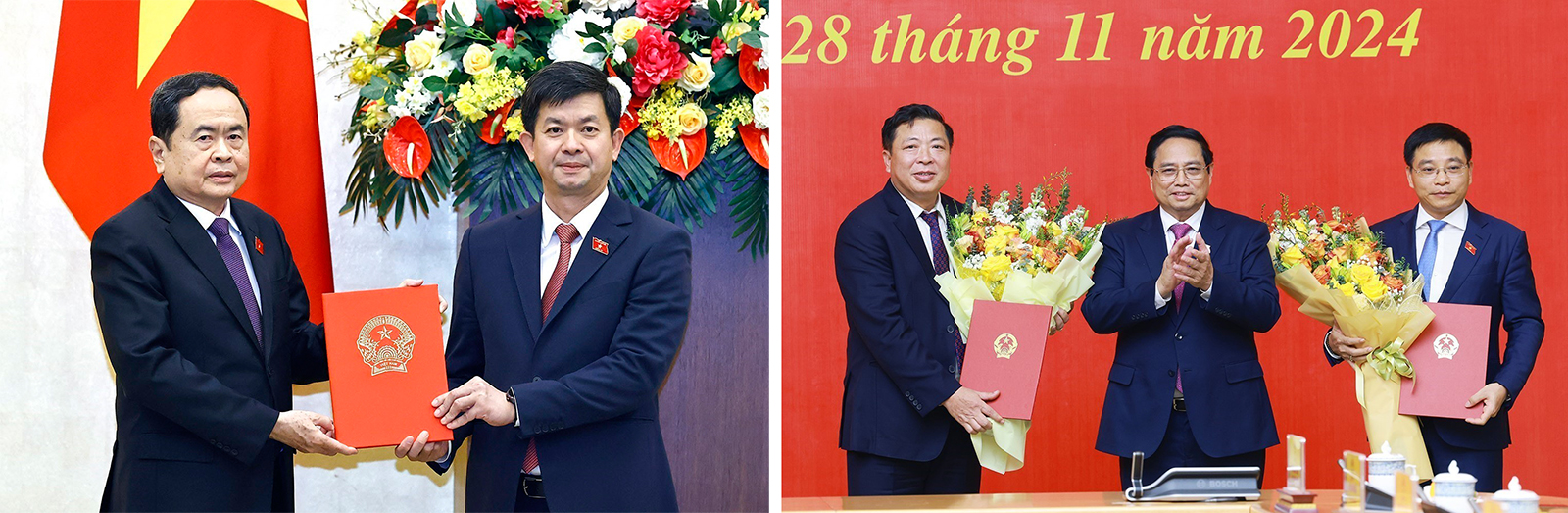 Chủ tịch Quốc hội Trần Thanh Mẫn trao Nghị quyết bầu Tổng Thư ký Quốc hội Lê Quang Tùng (bên trái) và Thủ tướng Phạm Minh Chính trao Quyết định của Chủ tịch nước bổ nhiệm đồng chí Nguyễn Văn Thắng giữ chức Bộ trưởng Bộ Tài chính và đồng chí Trần Hồng Minh giữ chức Bộ trưởng Bộ Giao thông vận tải.