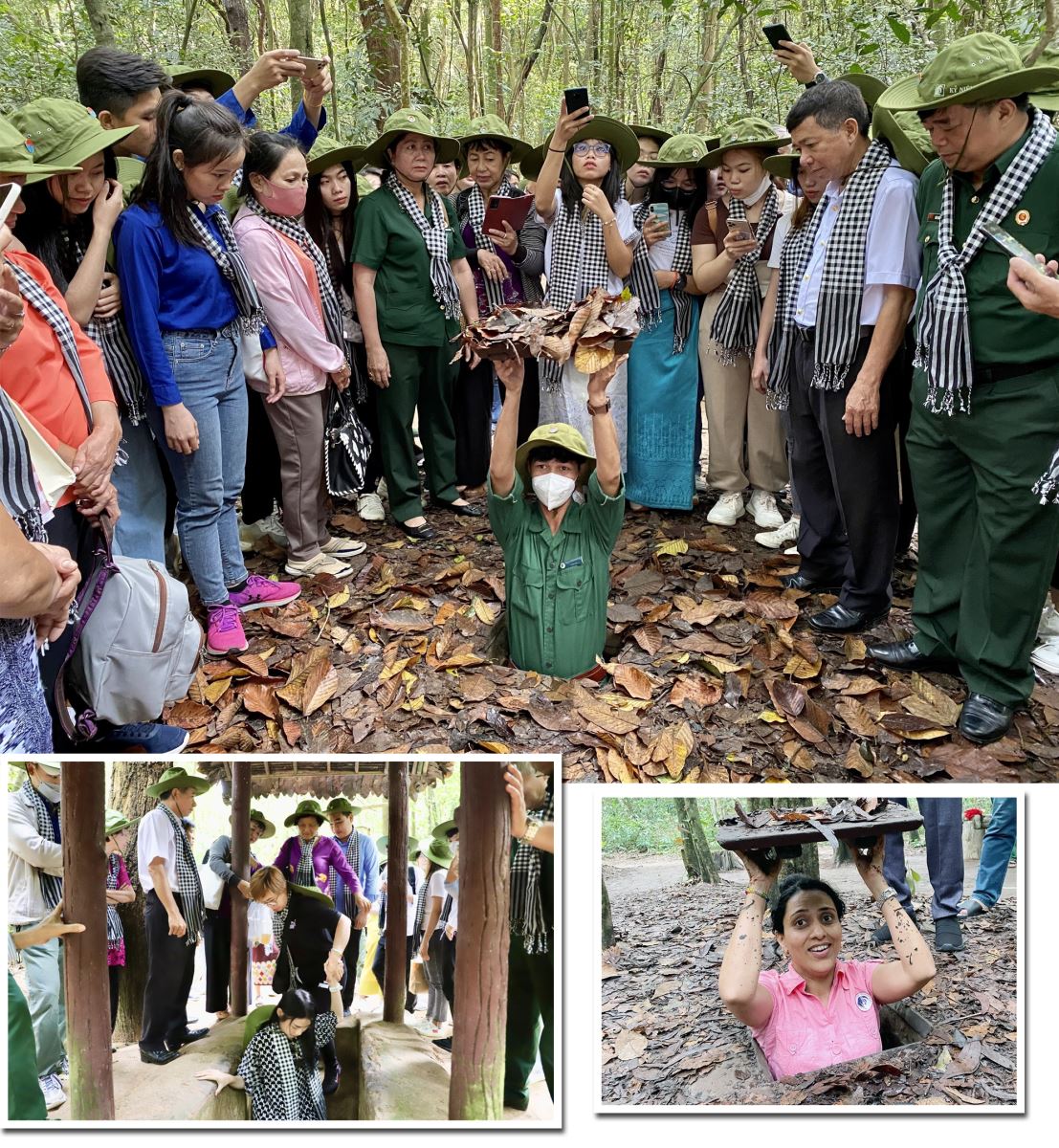 Đại biểu Hội Cựu chiến binh Thành phố Hồ Chí Minh cùng du khách quốc tế tham quan Khu Di tích lịch sử Địa đạo Củ Chi.