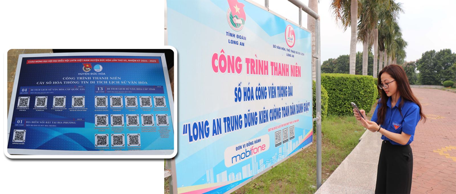 Quét mã QR trên cây số hóa thông tin di sản được đặt trong khuôn viên Khu công viên tượng đài “Long An trung dũng kiên cường, toàn dân đánh giặc” ở phường 5, thành phố Tân An, để tìm hiểu thông tin.