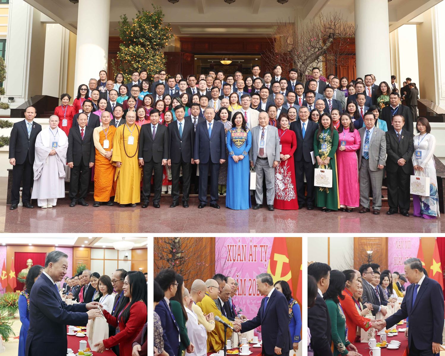 Tổng Bí thư Tô Lâm với các kiều bào tiêu biểu tham dự chương trình "Xuân quê hương" năm 2025.