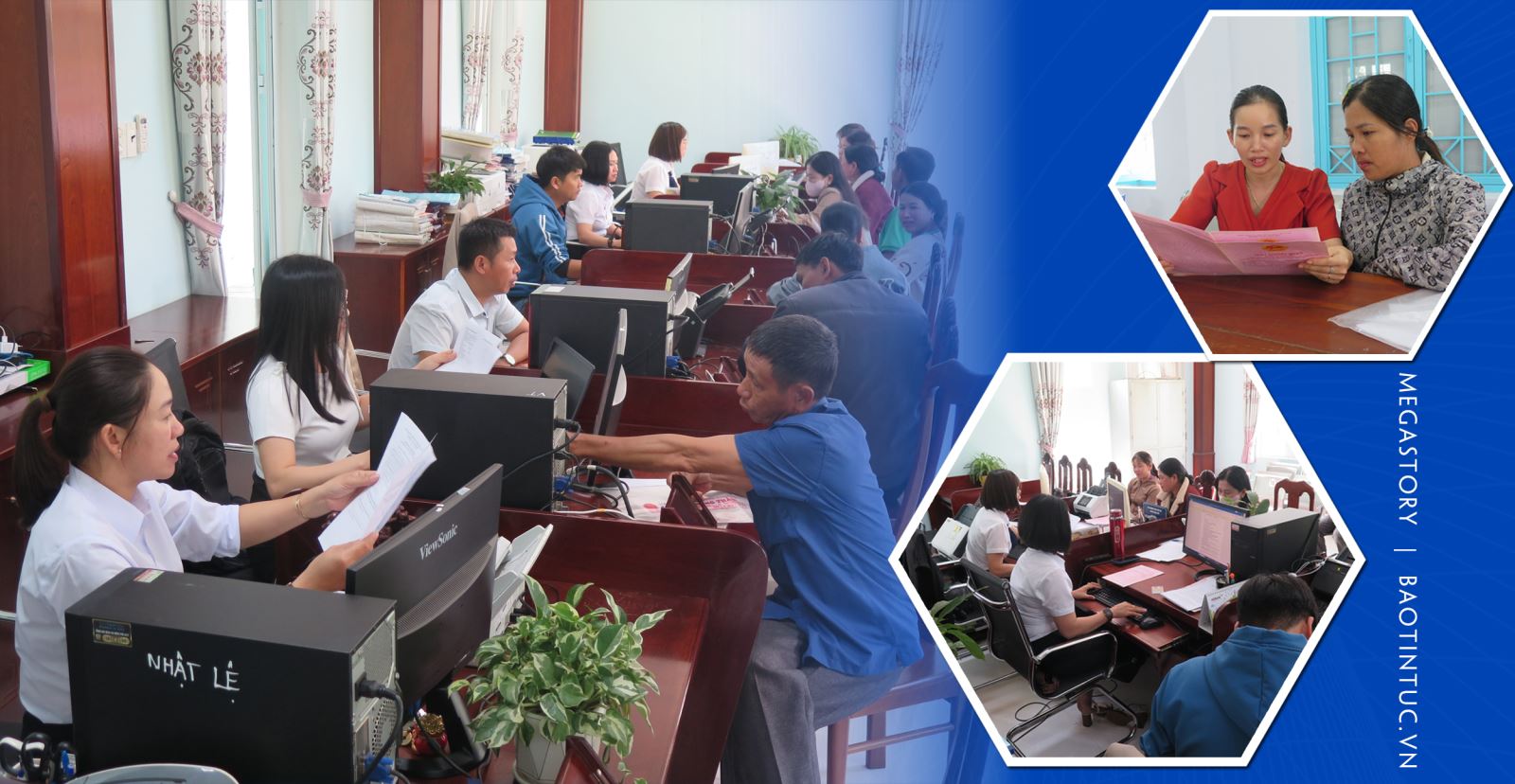 Các cán bộ Trung tâm phục vụ Hành chính công xã Bờ Y và xã Dục Nông (Quảng Ngãi) giải quyết thủ tục cho người dân sáng 1/7.