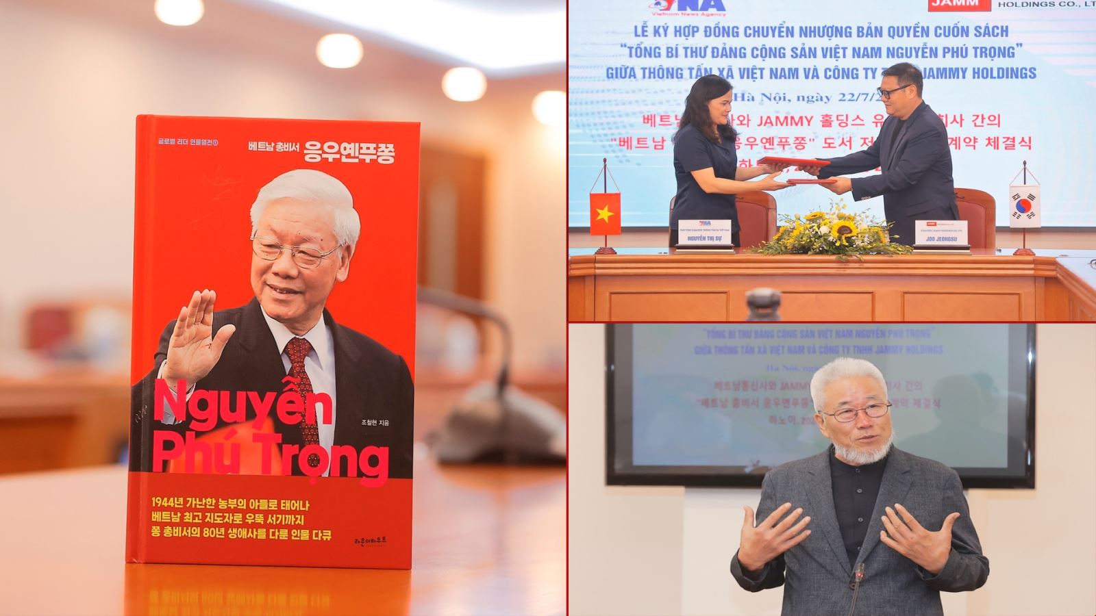 Ảnh trên bên phải: Lễ ký kết hợp đồng bản quyền cuốn sách “Tổng Bí thư Đảng Cộng sản Việt Nam Nguyễn Phú Trọng” tại Trung tâm Thông tấn Quốc gia (Hà Nội). Ảnh dưới bên phải: Tác giả Cho Chul Hyeon tại Lễ ký.