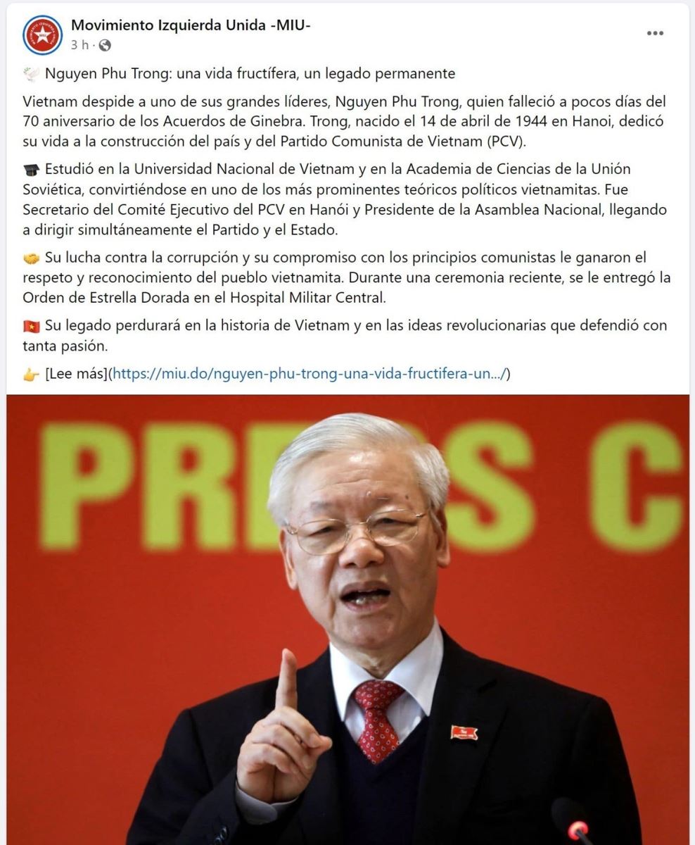 Bài viết “Nguyễn Phú Trọng: Một cuộc đời cống hiến, một di sản trường tồn” trên trang web chính thức của Phong trào Cánh tả Thống nhất (MIU) của Cộng hòa Dominicana.