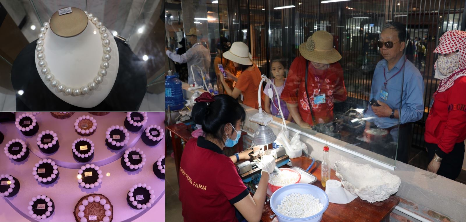 Du khách tham quan khu chế tác các sản phẩm ngọc trai tại cơ sở ngọc trai Ngọc Hiền trên đảo Phú Quốc (Kiên Giang).