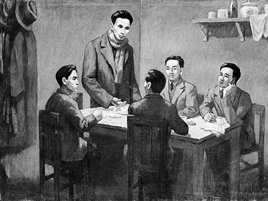 Tranh tư liệu: Từ ngày 6/1 - 7/2/1930, Hội nghị hợp nhất các tổ chức cộng sản thành lập Đảng Cộng sản Việt Nam họp ở bán đảo Cửu Long, thuộc Hong Kong (Trung Quốc), dưới sự chủ trì của đồng chí Nguyễn Ái Quốc thay mặt cho Quốc tế Cộng sản.