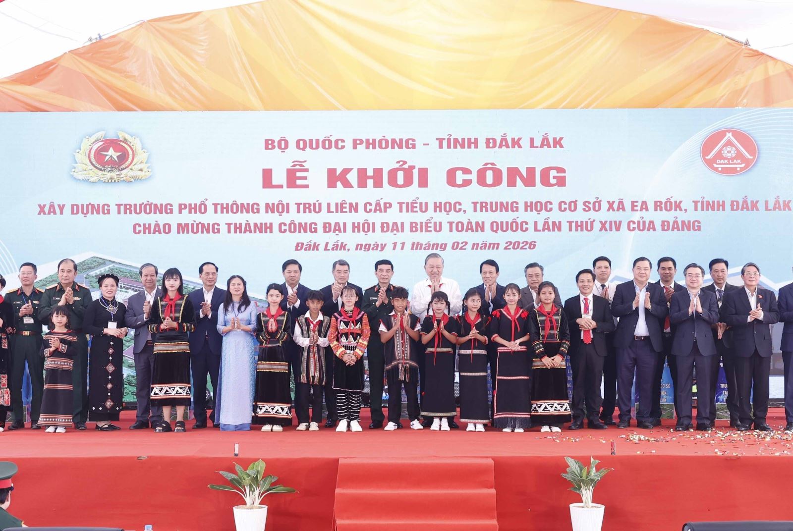 Sáng 11/2/2026, Tổng Bí thư Tô Lâm dự Lễ khởi công xây dựng Trường Phổ thông nội trú liên cấp Tiểu học, Trung học cơ sở xã Ea Rốk (tỉnh Đắk Lắk), do Bộ Tổng Tham mưu Quân đội nhân dân Việt Nam phối hợp với UBND tỉnh Đắk Lắk tổ chức.