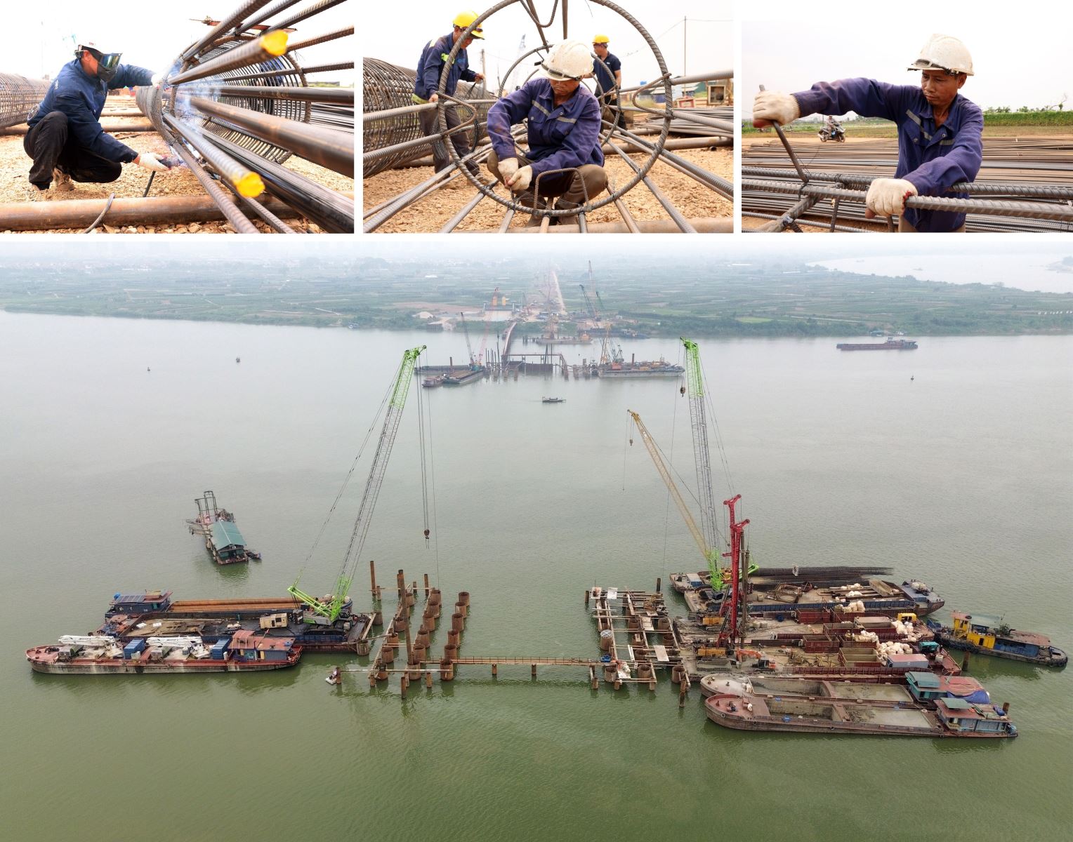 Không khí thi công khẩn trương trên công trường cầu Ngọc Hồi (Hà Nội). Các nhà thầu quyết tâm thi công vượt tiến độ và hoàn thành trước khi khai mạc APEC năm 2027.